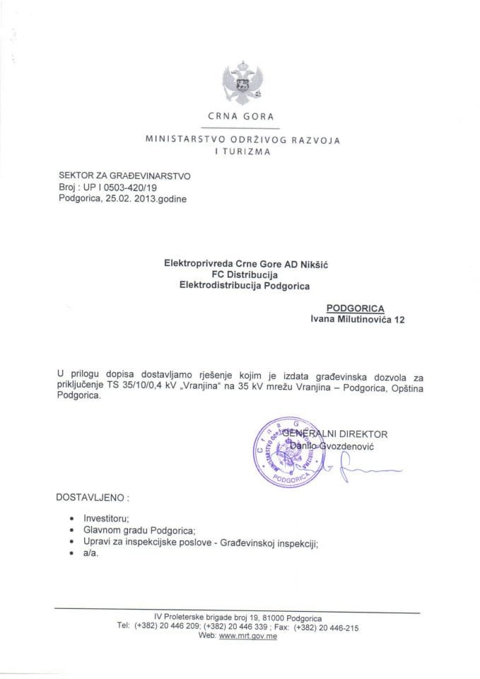 UP I 0503-420-19 Elektroprivreda Crne Gore ad Nikšić - FC Distribucija- Elektrodistribucija Podgorica