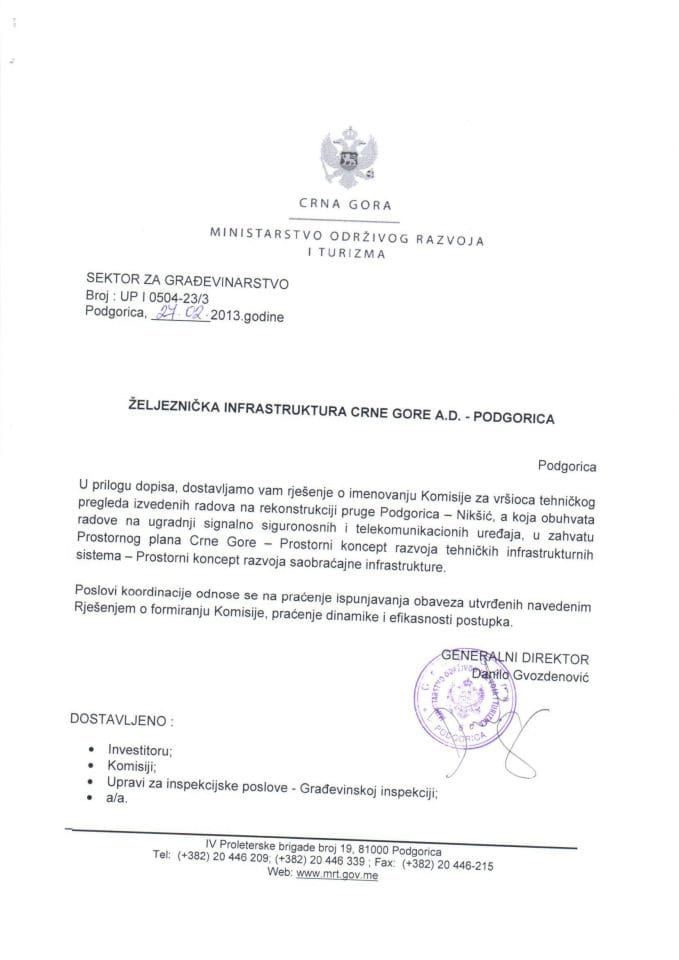 up I 0504-23-3 Zeljeznicka infrastruktura Crne Gore ad Podgorica
