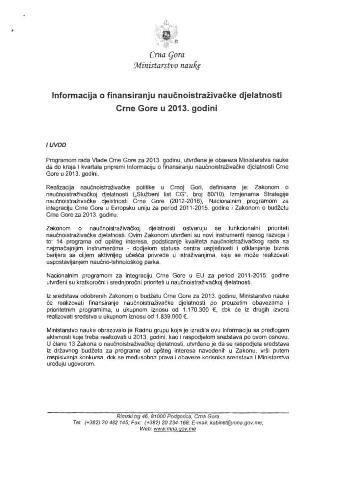 Информација о финансирању научноистраживачке дјелатности Црне Горе у 2013. години