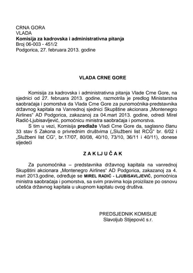 Predlog zaključka o određivanju punomoćnika-predstavnika državnog kapitala na vanrednoj Skupštini akcionara „Montenegro Airlines“ AD Podgorica (za verifikaciju)