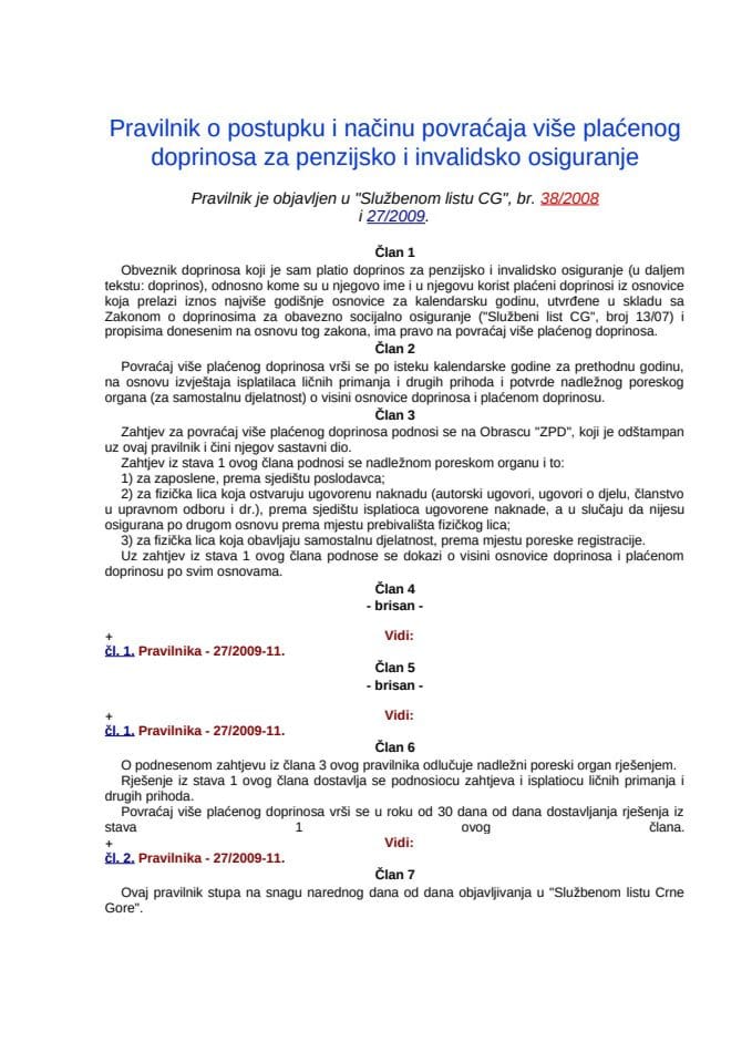 Pravilnik o postupku i načinu povraćaja više plaćenog doprinosa za PIO