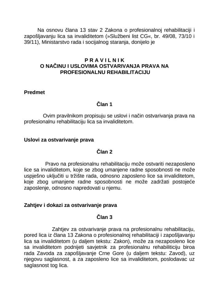 Pravilnik o nacinu i uslovima na profesionalnu rehabilitaciju