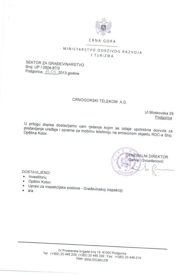 UP I 0504-87-2 Crnogorski telekom a.d.