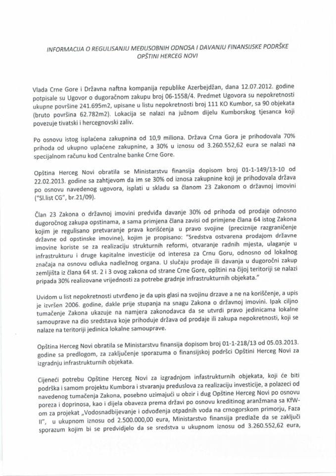 Informacija o regulisanju medjusobnih odnosa i davanju finansijske podrške Opštini Herceg Novi, s Predlogom sporazuma 