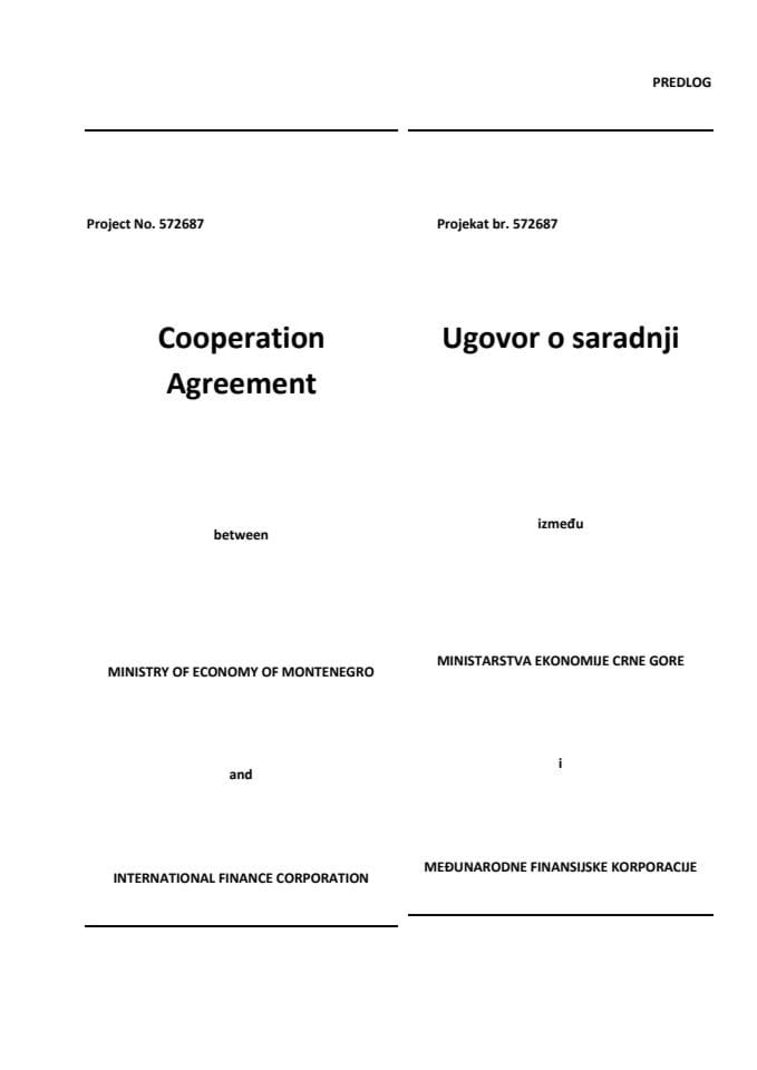 Predlog ugovora o saradnji između Ministarstva ekonomije Crne Gore i Međunarodne finansijske organizacije (IFC) (za verifikaciju)