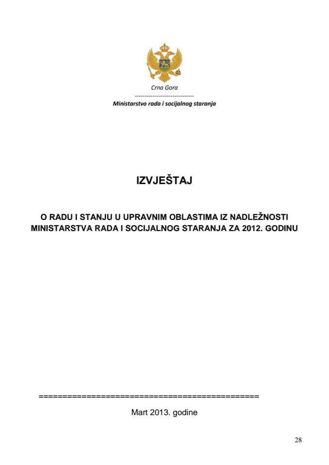 Извјештај Министарства рада и социјалног старања о раду и стању у управним областима у 2012. години