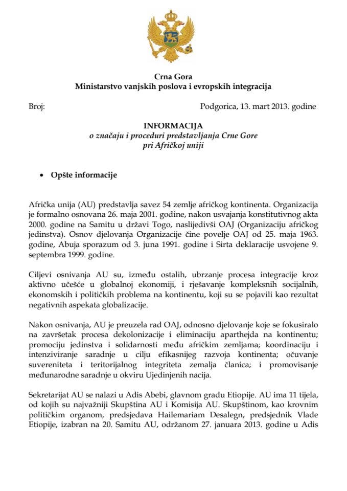 Информација о значају и процедури представљања Црне Горе при Афричкој унији (АУ) (за верификацију) 