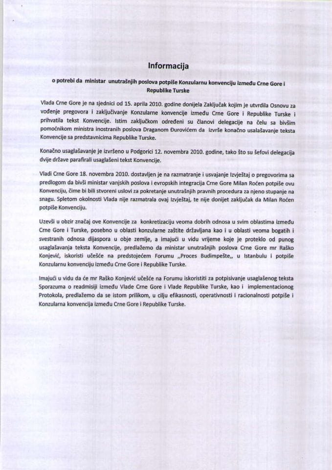 Predlog konzularne konvencije izmedju Crne Gore i Republike Turske (za verifikaciju)
