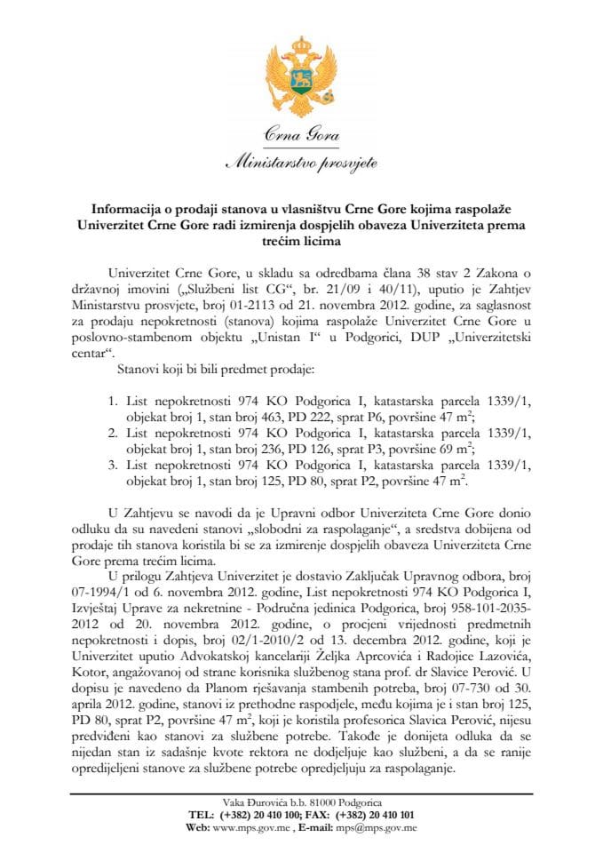 Информација о продаји станова у власништву Црне Горе којима располаже Универзитет Црне Горе (за верификацију)