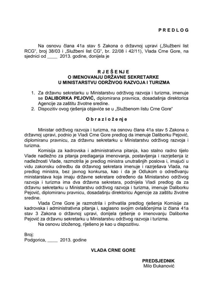 Predlog rješenja o imenovanju državne sekretarke u Ministarstvu održivog razvoja i turizma (za verifikaciju)