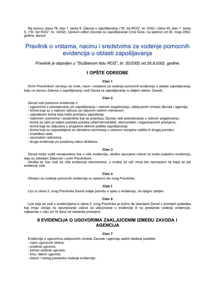 Pravilnik o vrstana, načinu u sredstvima za vođenje pomoćnih evidencij o zapošljvanju