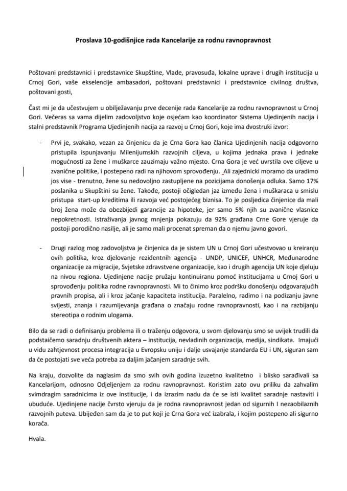 Говор координатора система УН-а и сталног представника УНДП-ија у Црној Гори Растислава Врбенског