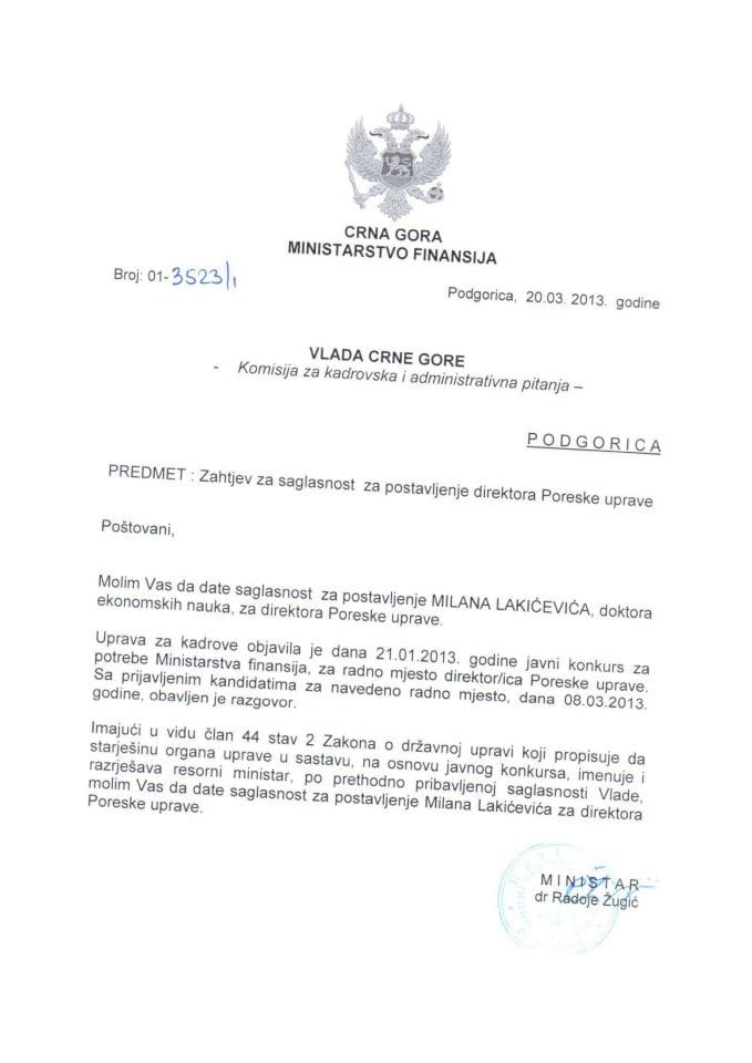 Predlog zaključka o davanju saglasnosti za imenovanje direktora Poreske uprave (za verifikaciju)