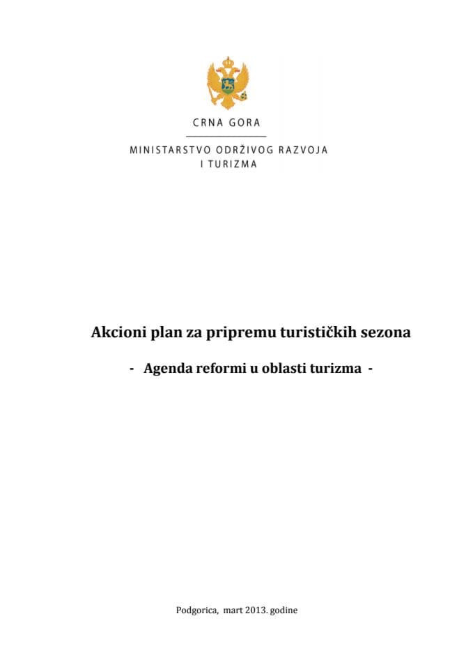 Predlog akcionog plana za pripremu turističkih sezona - Agenda reformi u oblasti turizma