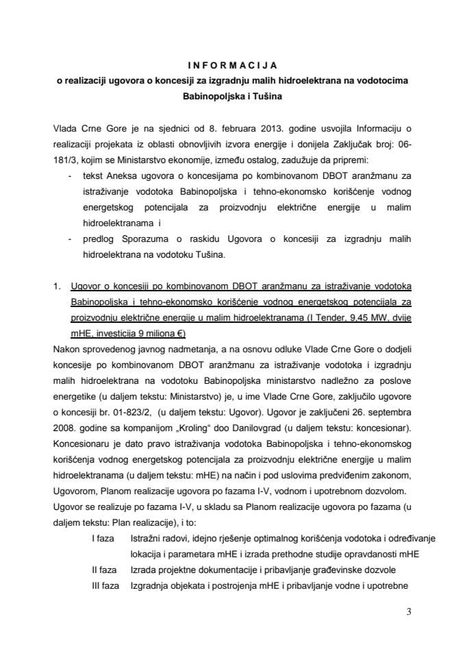 Informacija o realizaciji ugovora o koncesiji za izgradnju malih hidroelektrana na vodotocima Babinopoljska i Tušina, s Predlogom aneksa 1 Ugovora i Predlogom sporazuma o raskidu Ugovora