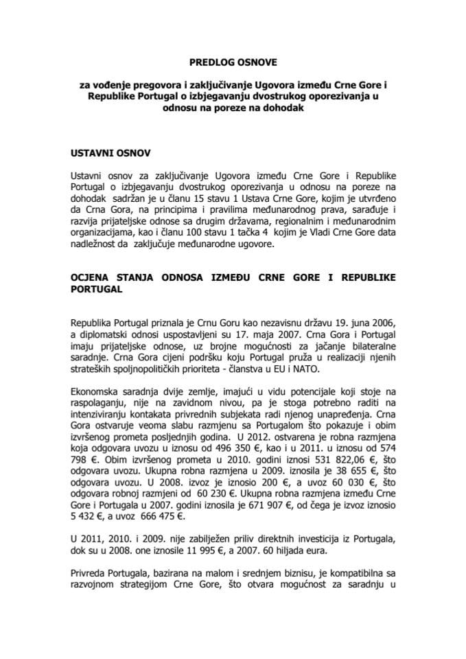 Predlog osnove za vođenje pregovora i zaključivanje Ugovora između Crne Gore i Republike Portugal o izbjegavanju dvostrukog oporezivanja u odnosu na poreze na dohodak, s Nacrtom ugovora (za verifikaci