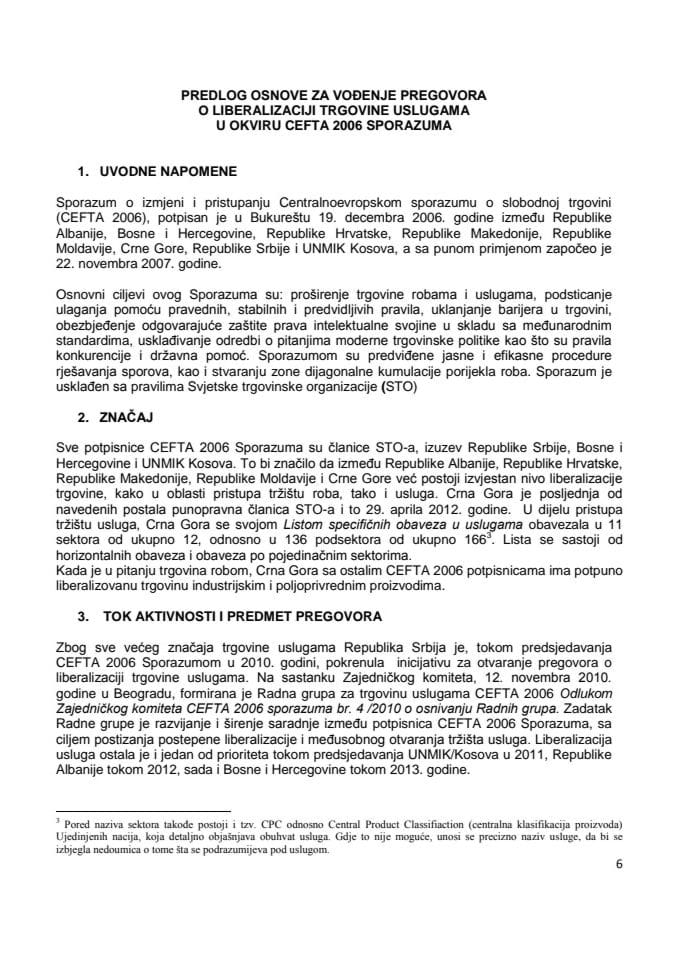 Predlog osnove za vođenje pregovora o liberalizaciji trgovine uslugama u okviru CEFTA 2006 sporazuma (za verifikaciju)