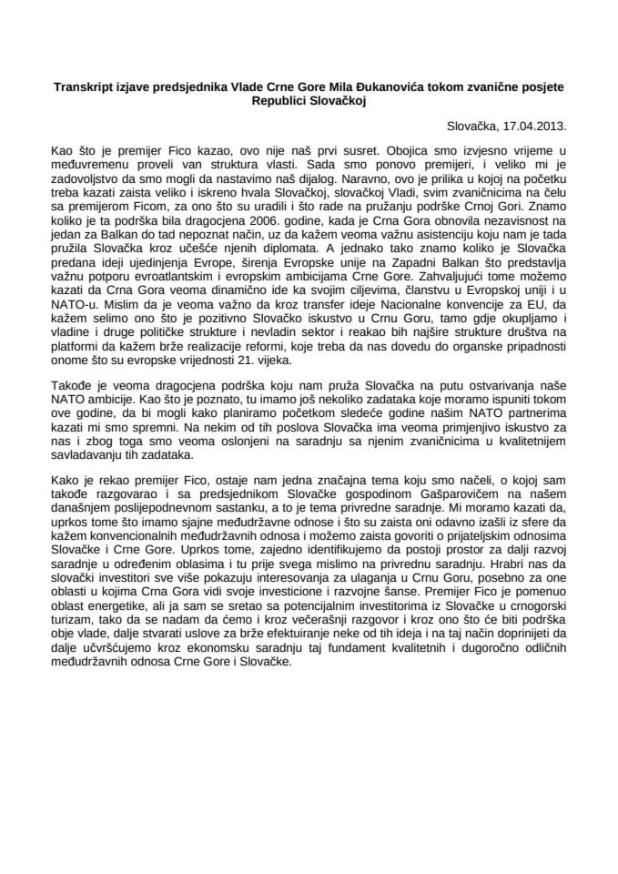 Transkript izjave predsjednika Vlade Crne Gore Mila Đukanovića - Slovacka