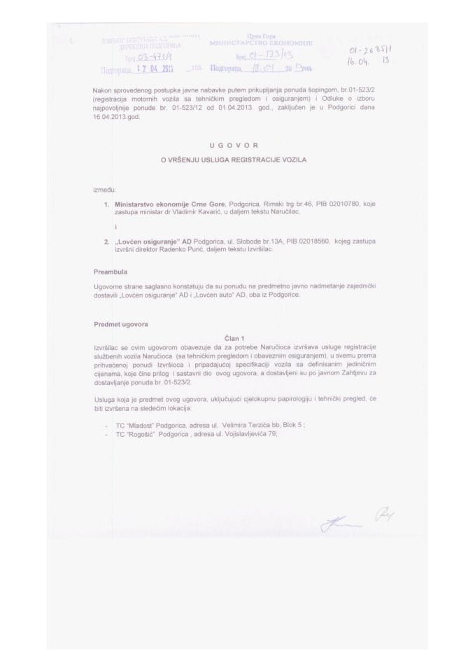 Ugovor o vršenju usluga registracije vozila