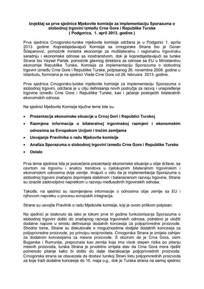 Izvještaj sa prve sjednice Crnogorsko – turske mješovite komisije