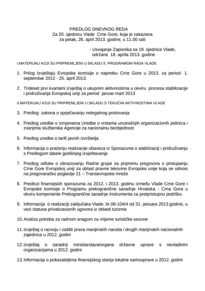 Предлог дневног реда за 20. сједницу Владе Црне Горе