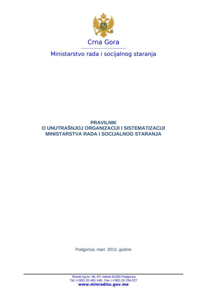 Pravilnik o unutrasnjoj organizaciji i sistematizaciji Ministarstva rada i socijalnog staranja