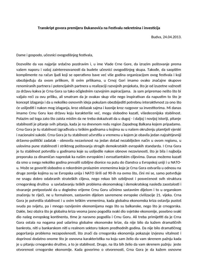 Транскрипт говора предсједника Владе Мила Ђукановића на Фестивалу некретнина и инвестиција