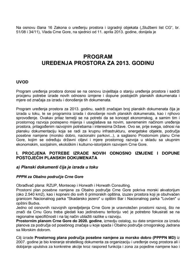 PROGRAM UREĐENJA PROSTORA za 2013.godinu