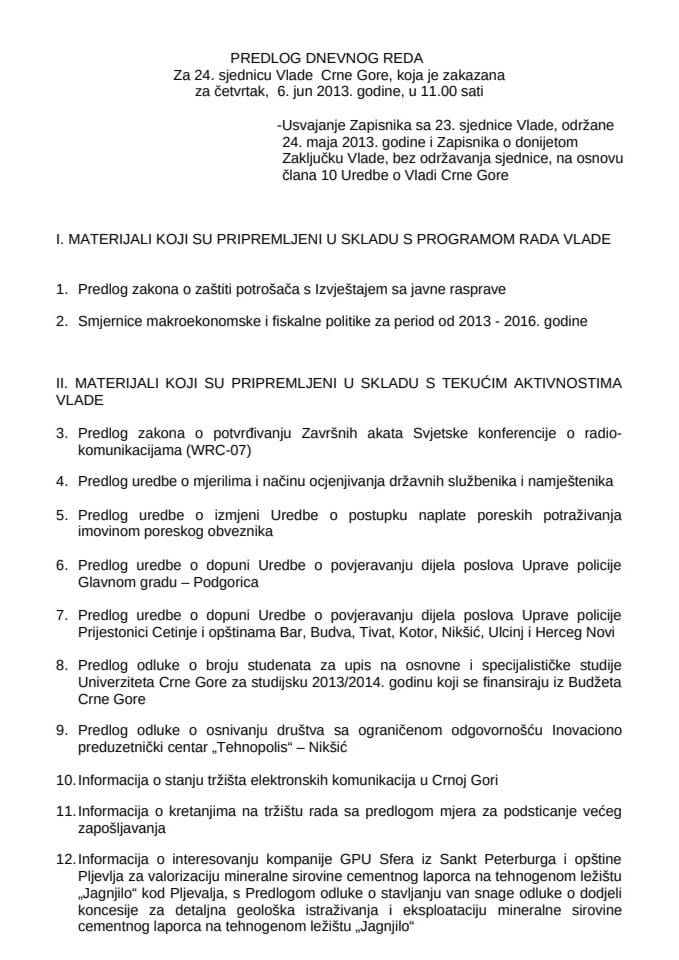 Predlog dnevnog reda za 24. sjednicu Vlade Crne Gore