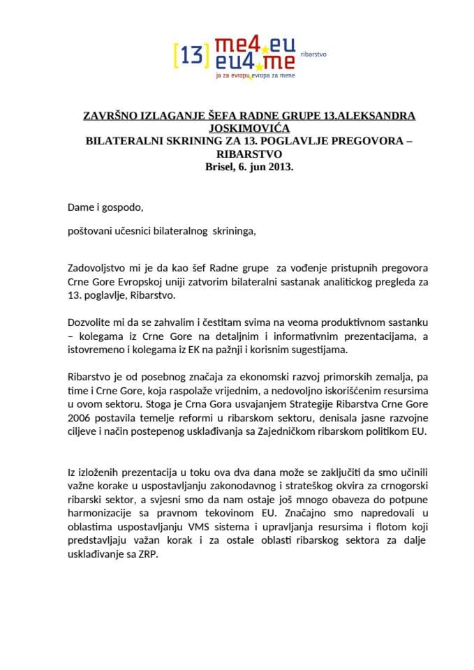 ZAVRŠNO IZLAGANJE ŠEFA RADNE GRUPE 13.ALEKSANDRA JOSKIMOVIĆA