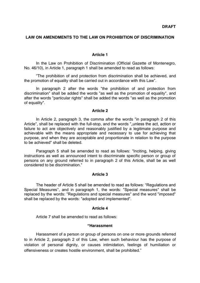 LAW ON AMENDMENTS TO THE LAW ON PROHIBITION OF DISCRIMINATION