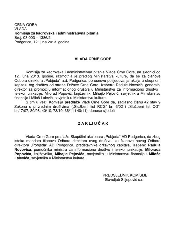 Predlog zaključka o izboru članova Odbora direktora „Pobjeda“ AD – Podgorica (za verifikaciju)