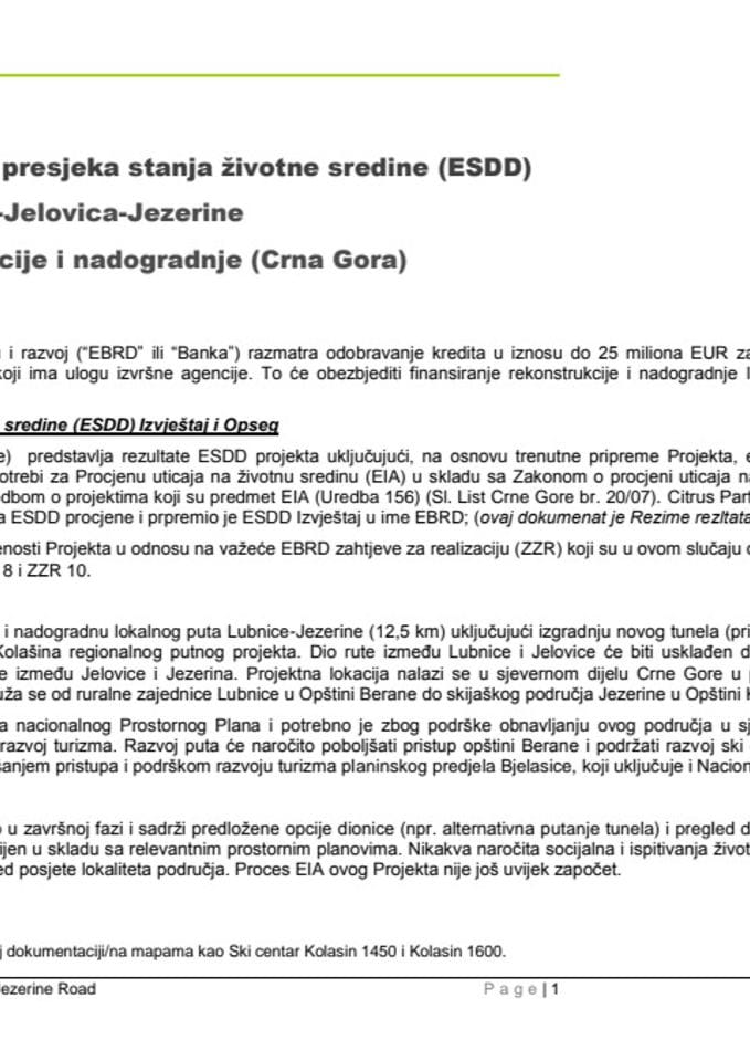 Rezime Socijalnog i presjeka stanja životne sredine