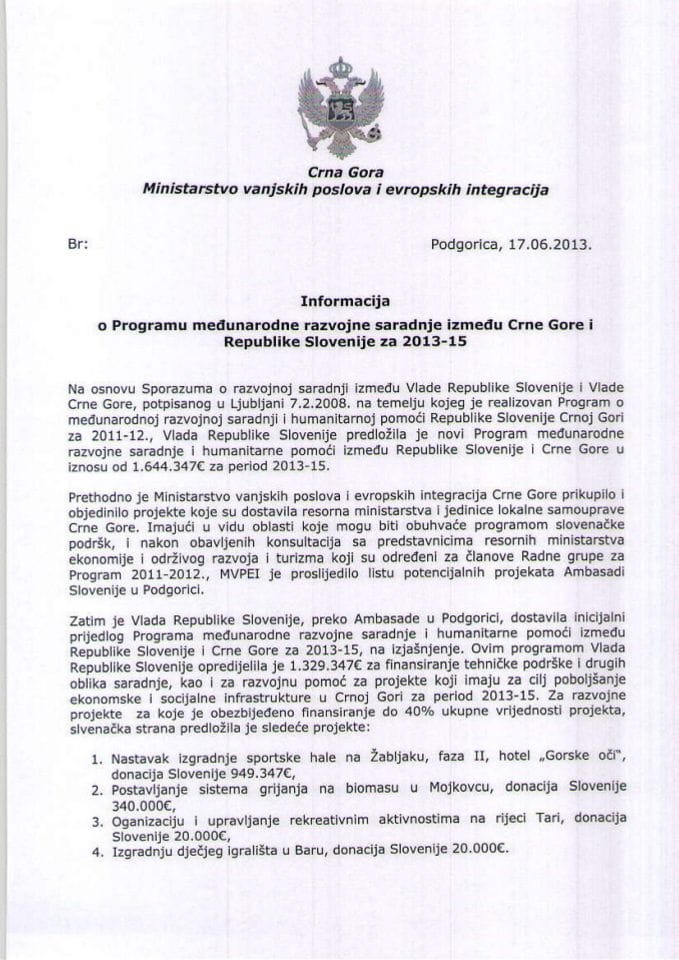 Информација о Програму међународне развојне сарадње између Црне Горе и Републике Словеније за 2013-2015 