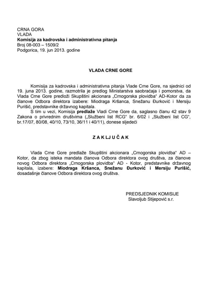 Предлог закључка о избору чланова Одбора директора "Црногорска пловидба" АД Котор (за верификацију)