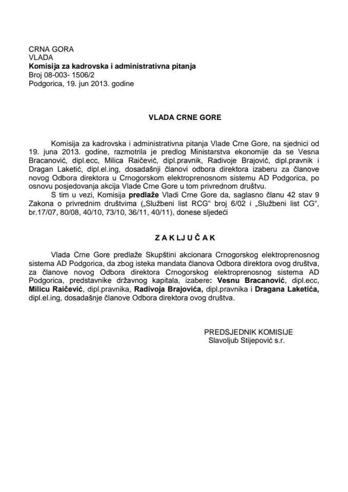 Предлог закључка о избору чланова Одбора директора „Црногорски електропреносни систем“ АД Подгорица (за верификацију)