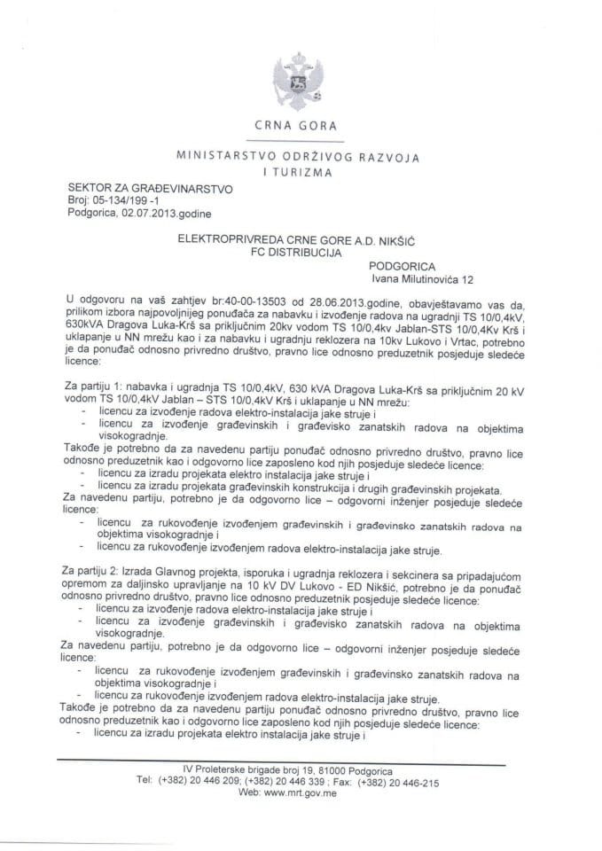 05-134-199-1 Elektoprivreda Crne Gore ad Nikšić