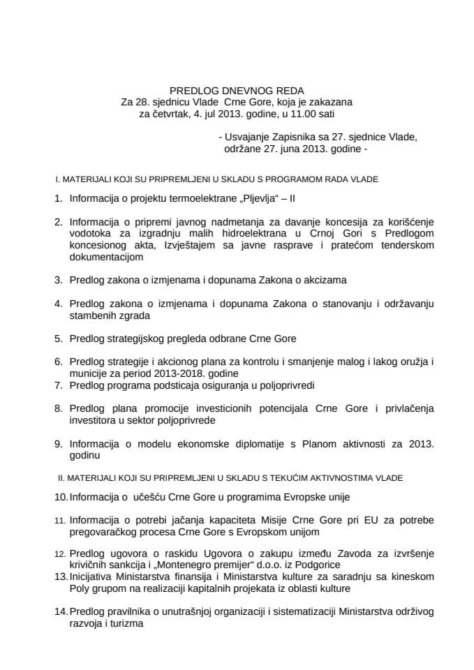 Predlog dnevnog reda za 28. sjednicu Vlade Crne Gore
