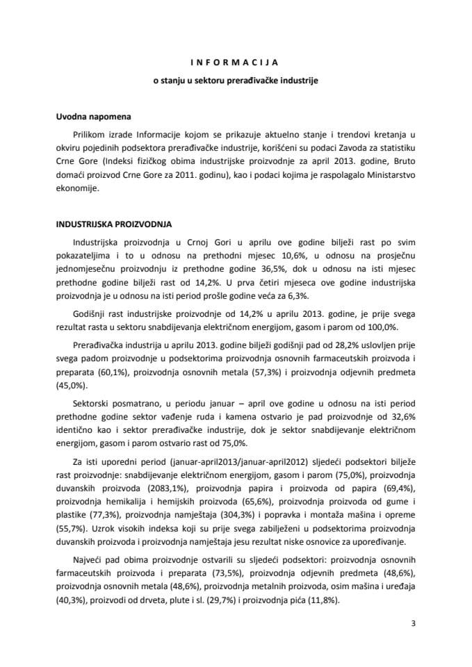 Informacija o stanju u sektoru prerađivačke industrije