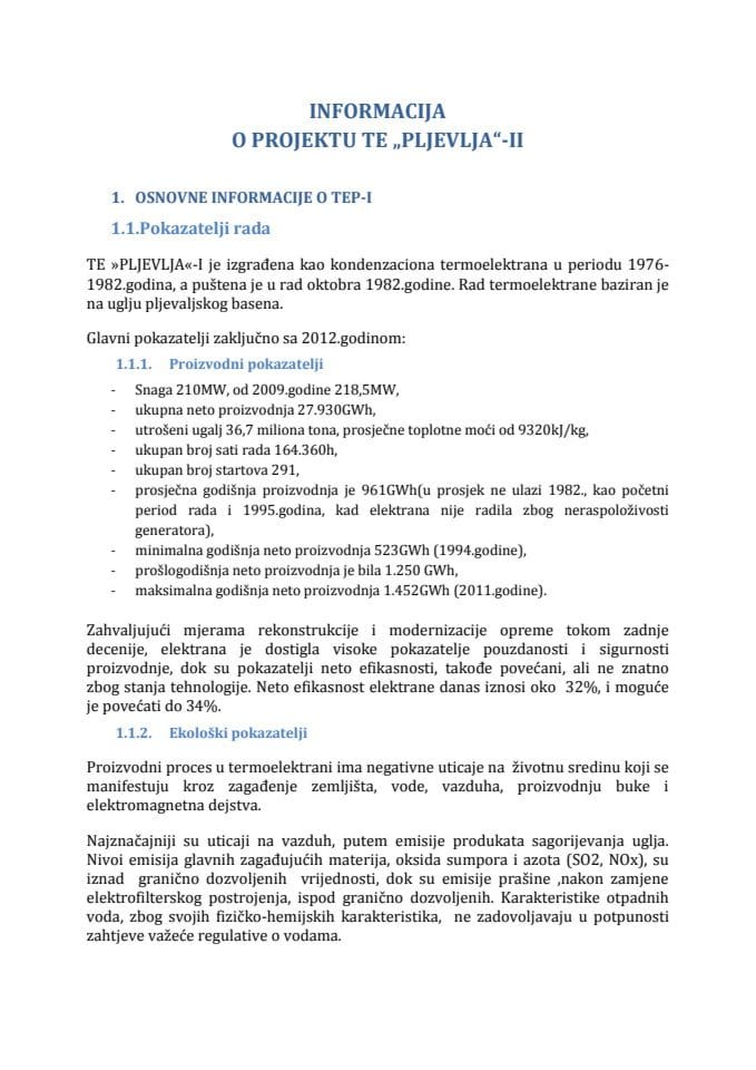 Informacija o projektu termoelektrane "Pljevlja" – II