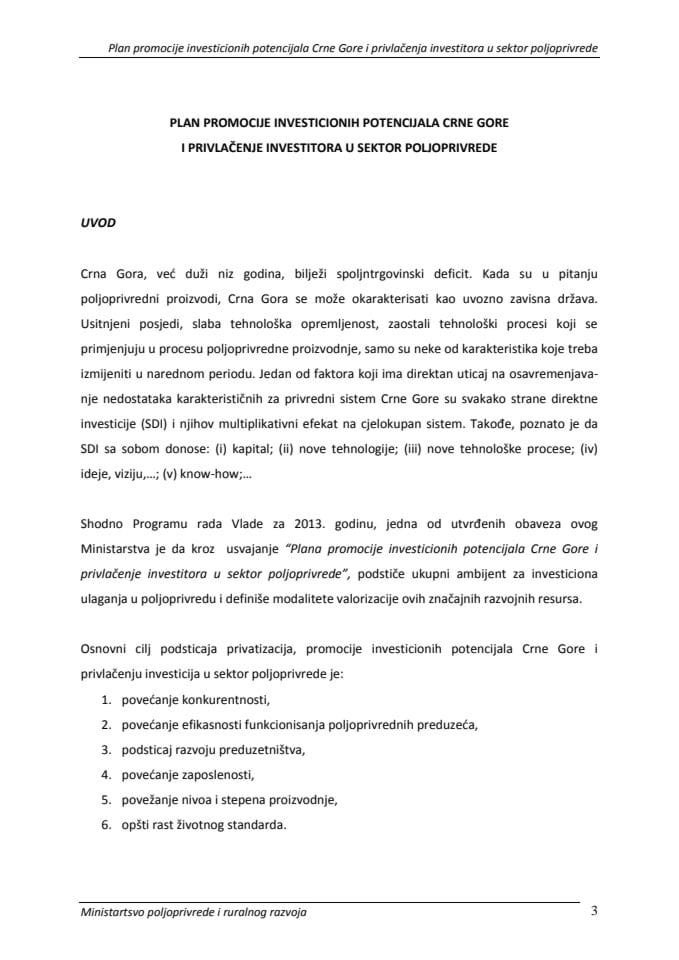 Predlog plana promocije investicionog potencijala Crne Gore i privlačenja investitora u sektor poljoprivrede