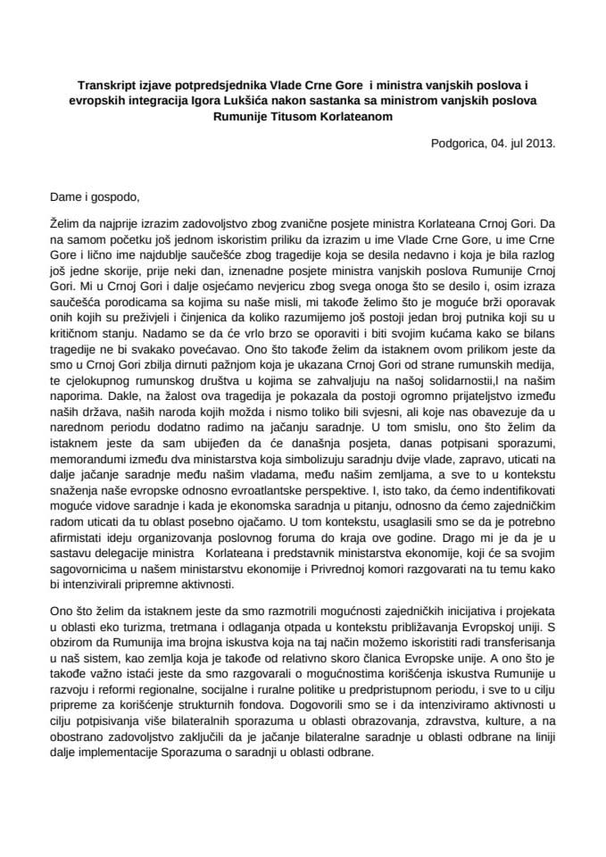 Transkript izjave potpredsjednika Luksica nakon potpisivanja memoranduma