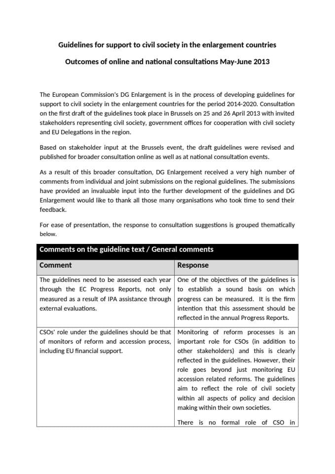 Guidelines for support to civil society in the enlargement countries - Outcomes of online and national consultations May-June 2013