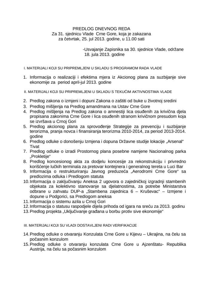 Predlog dnevnog reda za 31. sjednicu Vlade Crne Gore