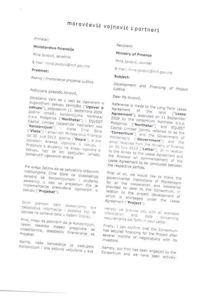 Informacija o ispunjenosti preduslova za pravosnažnost Ugovora o dugoročnom zakupu zemljišta, zaključenog između Vlade Crne Gore i Konzorcijuma Northstar d.o.o. Podgorica i Equest Capital Limited Jers