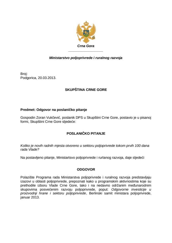 Одговор министра пољопривреде и руралног развоја проф. др Петра Ивановића на посланичко питање Зорана Вукчевића