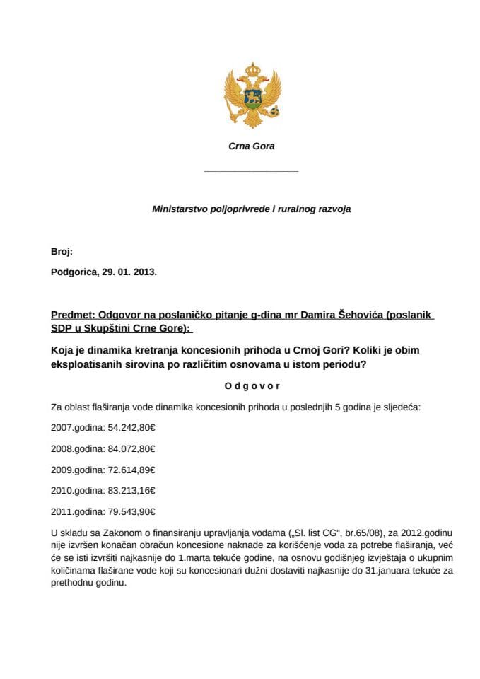 Odgovor ministra poljoprivrede i ruralnog razvoja prof. dr Petra Ivanovića na poslaničko pitanje Damira Šehovića 