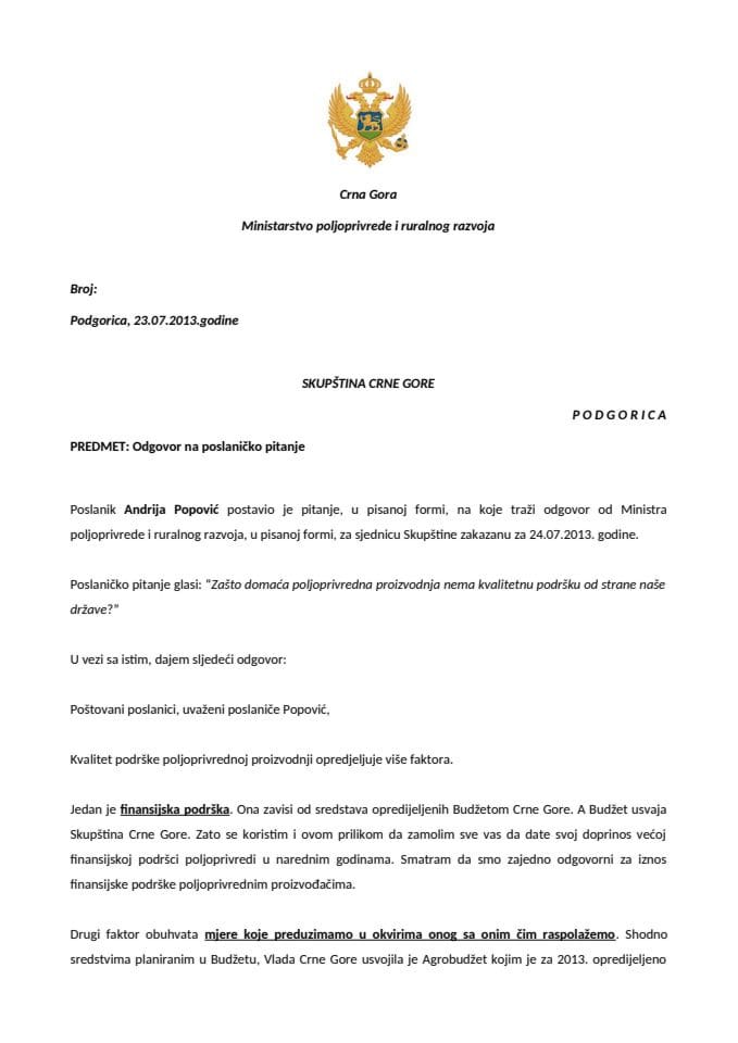 Odgovor ministra poljoprivrede i ruralnog razvoja prof. dr Petra Ivanovića na poslaničko pitanje Andrije Popovića