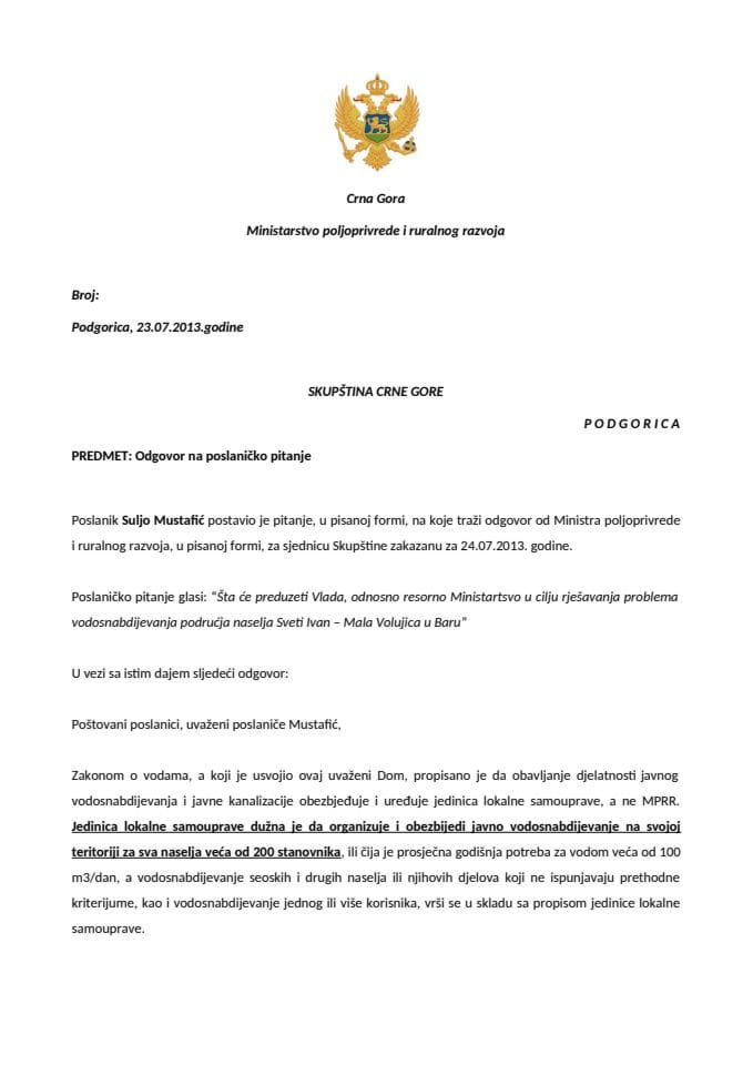 Одговор министра пољопривреде и руралног развоја проф. др Петра Ивановића на посланичко питање Суља Мустафића