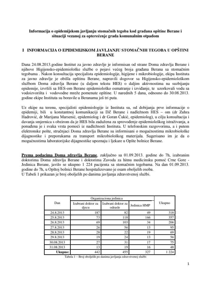 Informacija o epidemijskom javljanju stomačnih tegoba kod građana opštine Berane i situaciji vezanoj za opterećenje grada komunalnim otpadom